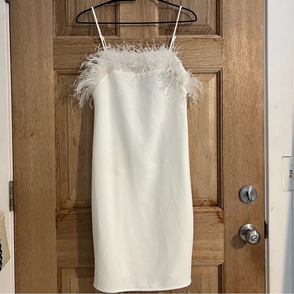 Elliatt White Feather-Trim Mini Dress